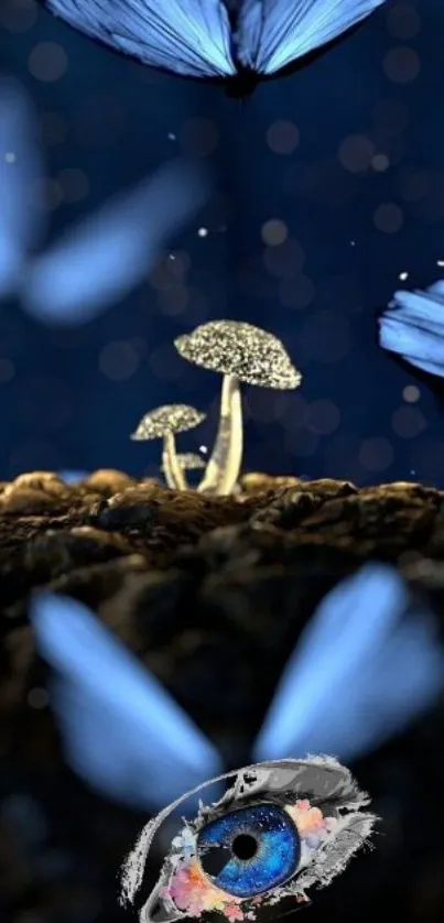 Mystical scene with blue butterflies and glowing mushrooms in a fantasy setting.