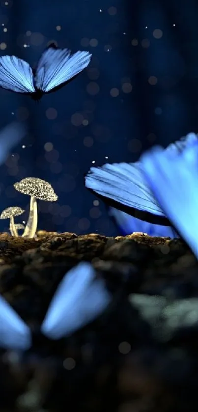 Blue butterflies and fungi in a mystical forest scene with a dark blue background.