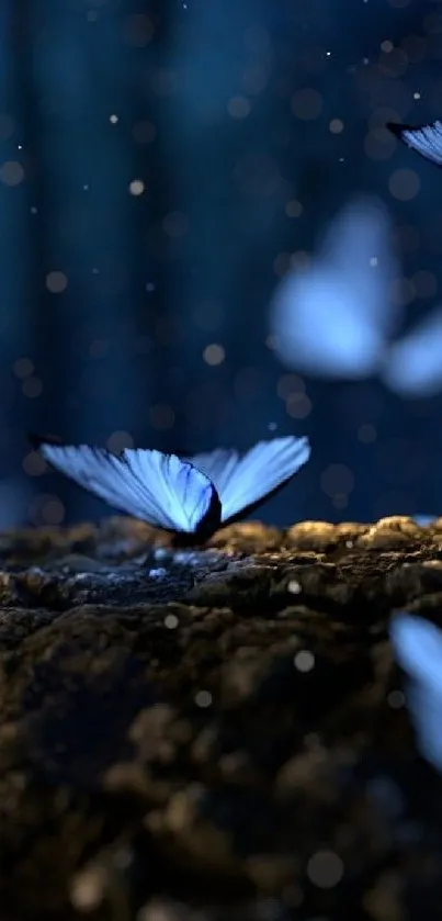 Ethereal blue butterflies in a mystical forest scene at night.