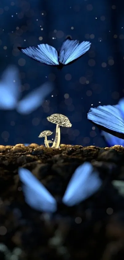 Luminous blue butterflies and mushrooms in a mystical forest.