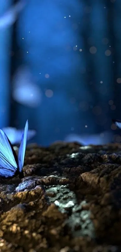 Blue butterflies in a mystical forest setting, serene and magical.