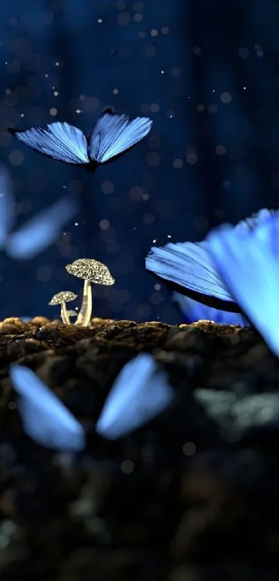 Blue butterflies in a mystical, dark forest with glowing mushrooms.