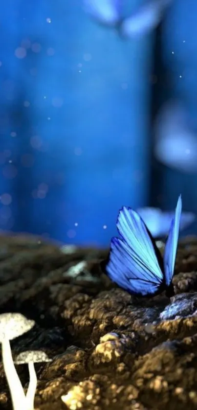 Mystical blue butterfly on forest floor with glowing mushrooms.