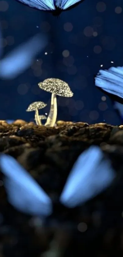 Blue butterflies and fungi on dark background.