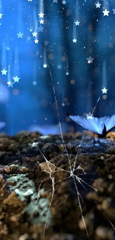 Enchanting blue butterflies amid stars on a nighttime forest background.