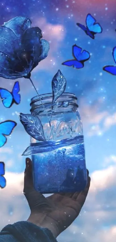 Blue butterflies and jar in mystical starry sky wallpaper.