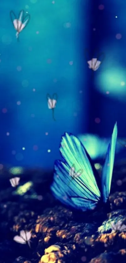 Blue butterfly surrounded by a dreamy, softly focused background on mobile wallpaper.