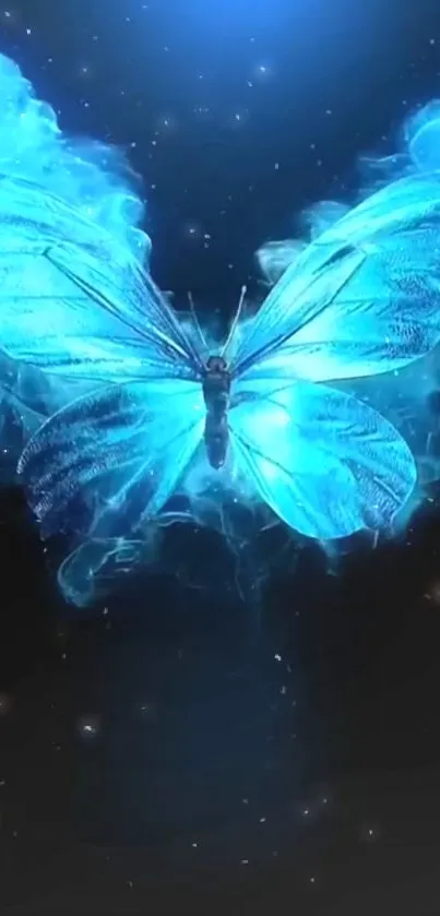 A mystical electric blue butterfly with a glowing effect against a starry background.