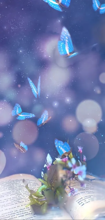 Magical blue butterflies flying around a book with a dreamy purple background.