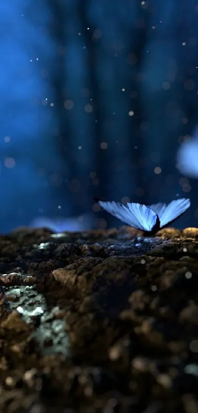 Glowing blue butterflies in a mystical forest setting.