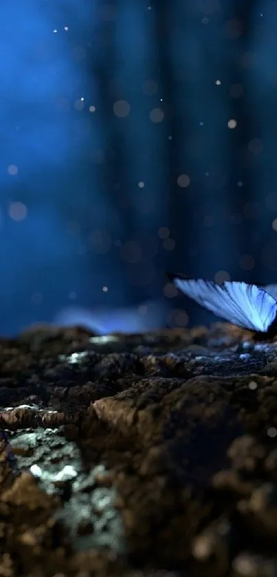 Mystical blue butterflies in a forest on mobile wallpaper.