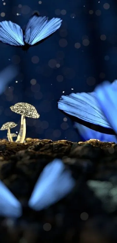 Blue butterflies and mushrooms in a mystical, starry scene.