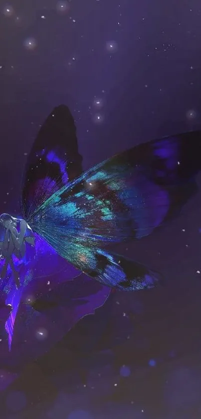 A mystical blue butterfly on a dark background with an enchanting glow.