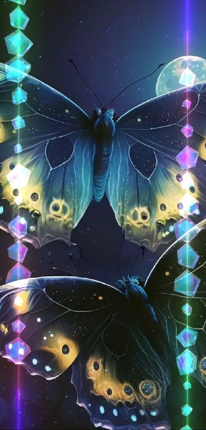Mystical blue butterflies under a moonlit sky, showcasing luminescent wings.