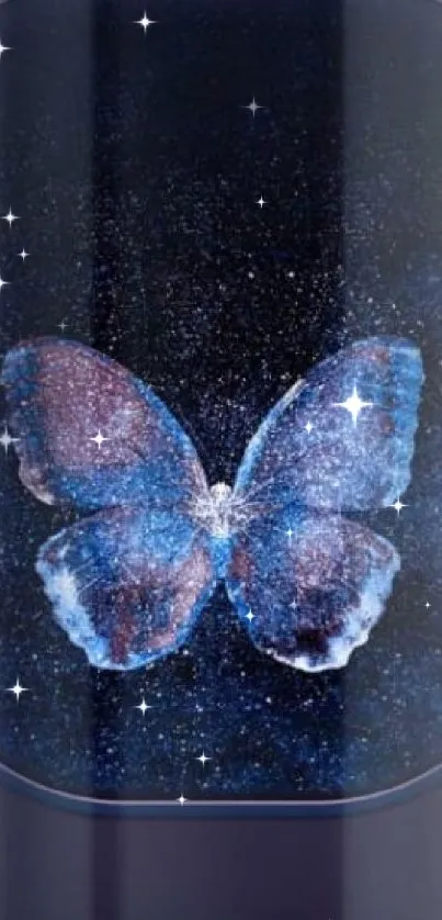 Mystical blue butterfly in a starry cosmic backdrop.