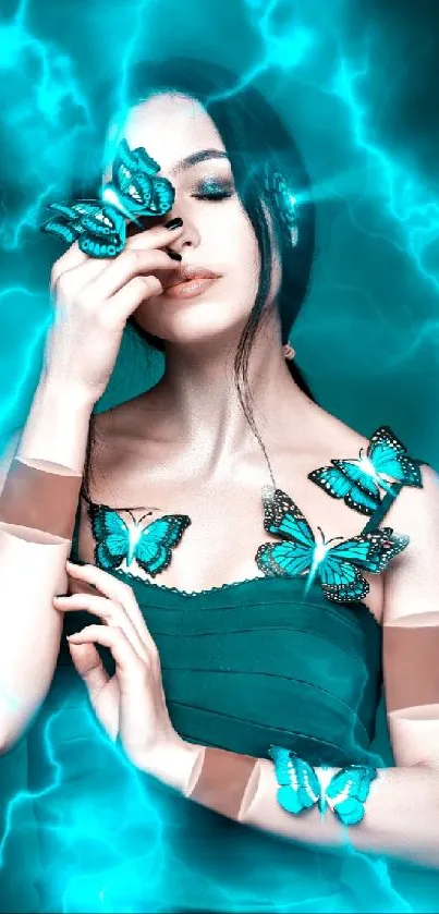 Woman with blue butterflies and glowing turquoise background on wallpaper.