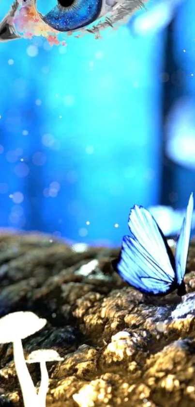 Mystical blue butterfly with vibrant eye art in a dreamy forest setting.