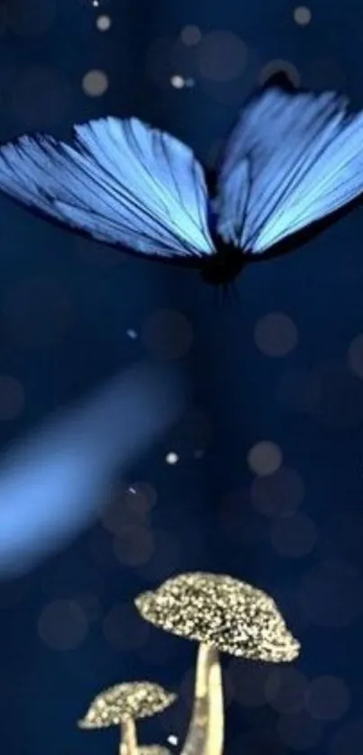 Mystical blue butterfly and glowing mushrooms in a dark ambiance.