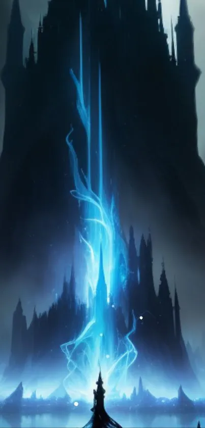 Mystical blue castle with vibrant energy and magical atmosphere.