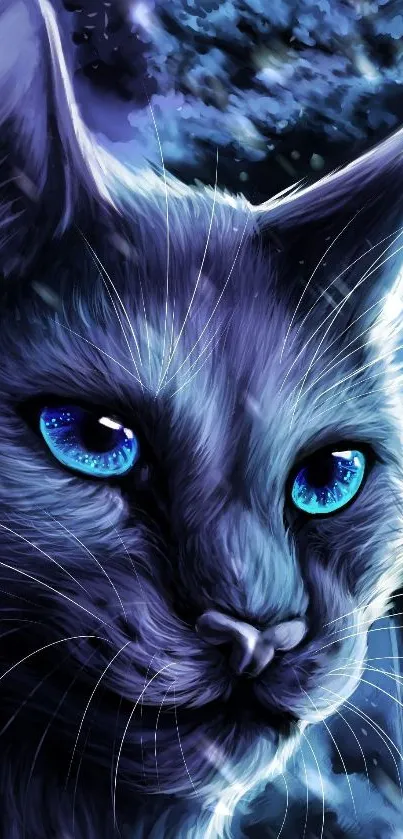 Artistic wallpaper of a mystical blue cat with vibrant eyes.