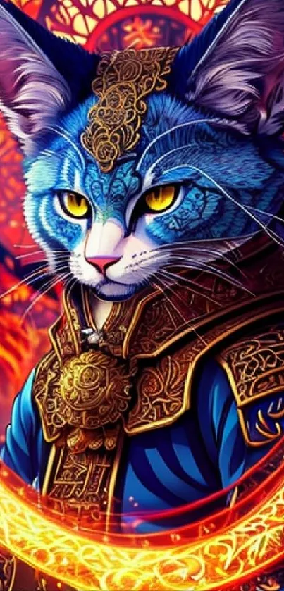 Mystical blue cat in gold armor with vibrant backdrop.