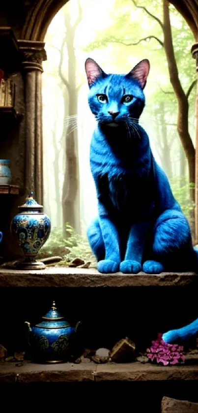 Mystical blue cat among ornate vases in a forest setting.