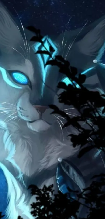 Mystical cat with glowing blue eyes in a starry night sky.