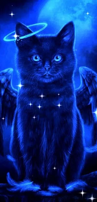 Mystical blue cat with wings and halo under a full moon.