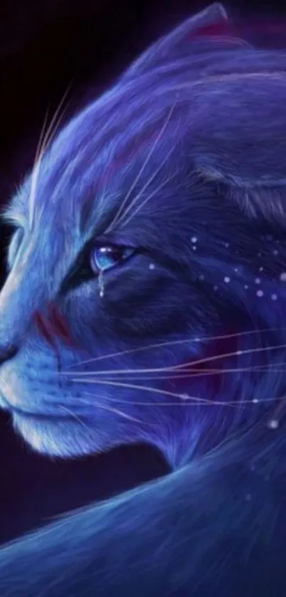 Mystical blue cat with cosmic features in vivid blue and violet hues.