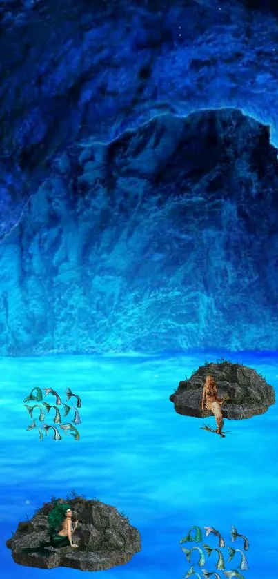 Beautiful blue cave with mystical waters and rocky formations.