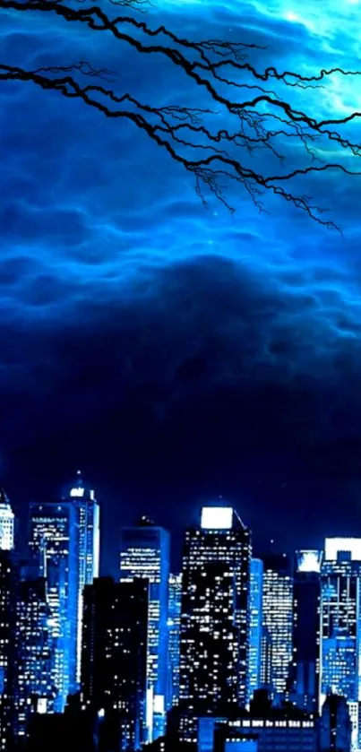 Mystical blue night cityscape with skyline.