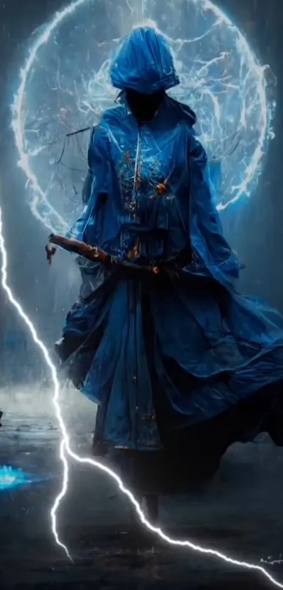 Mystical blue cloaked figure with lightning backdrop.