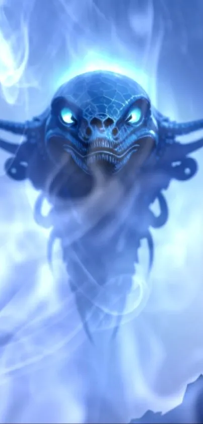 Blue mystical creature with glowing eyes in a fantasy art style on a dark background.