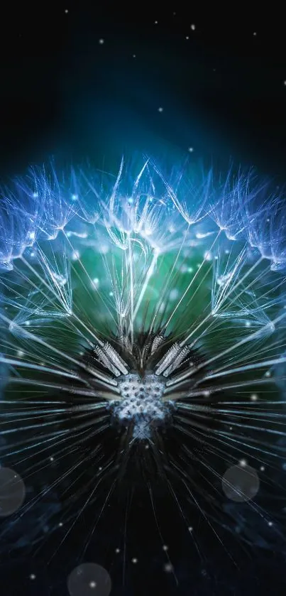 A mystical blue dandelion glows against a dark background, showcasing nature's beauty.