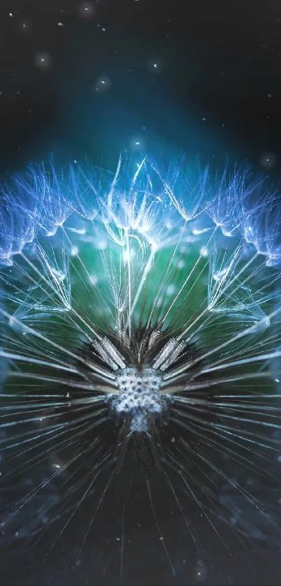 Glowing blue dandelion on a dark background, resembling mystical flower art.