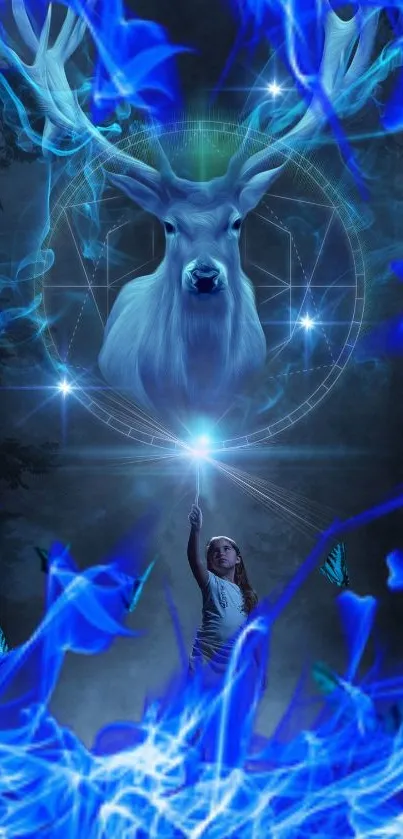 A mystical blue deer in a fantasy digital art scene with glowing lights.