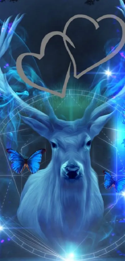 Mystical blue deer with butterflies and heart shapes in ethereal light.