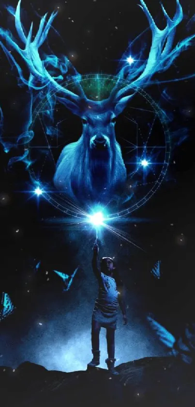 Mystical blue-themed wallpaper with a deer and starry night.