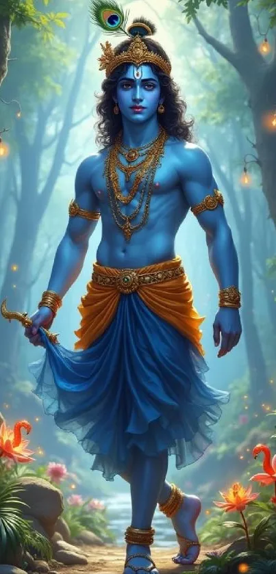 Mystical blue deity in a vibrant forest setting