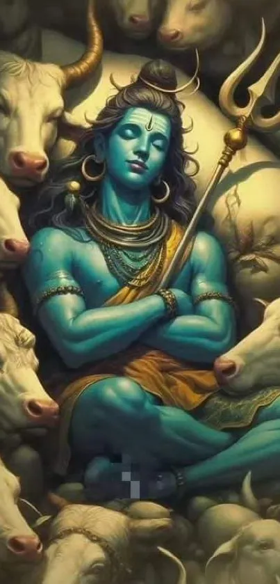 Mystical blue deity with cows mobile wallpaper.