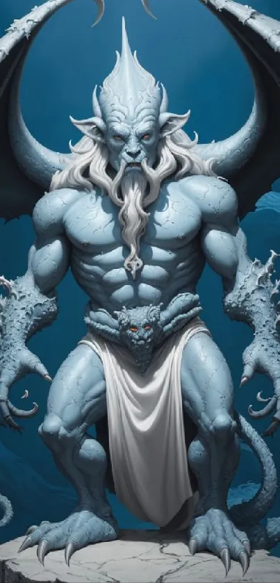 Illustration of a mystical blue demon standing on a rocky platform.