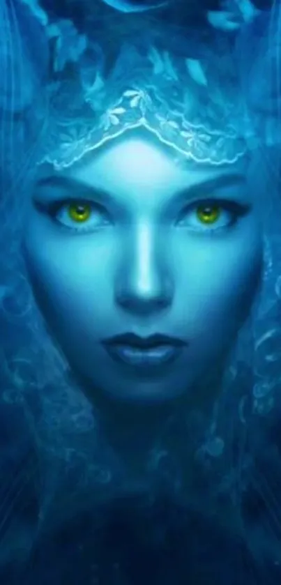 Mystical blue digital art with piercing yellow eyes.