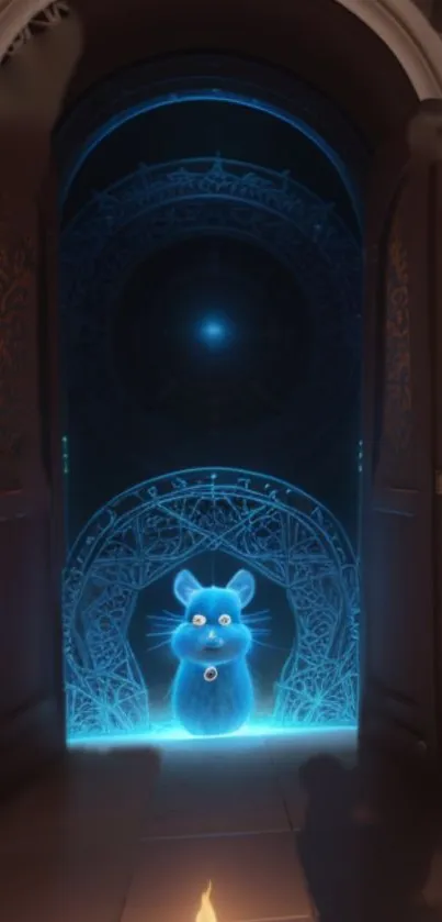 Blue glowing creature in mystical doorway wallpaper.