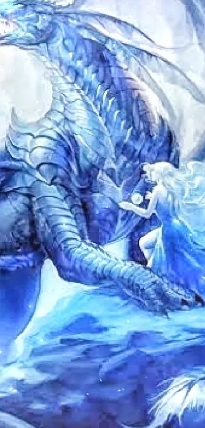 Enchanting blue dragon in a mystical landscape wallpaper.