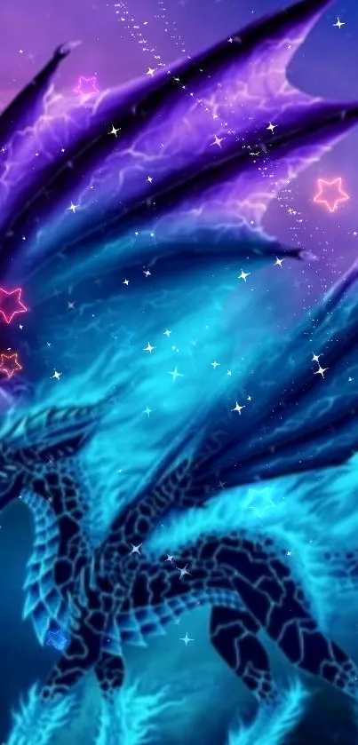 Mystical blue dragon wallpaper with stars and colorful purple wings.