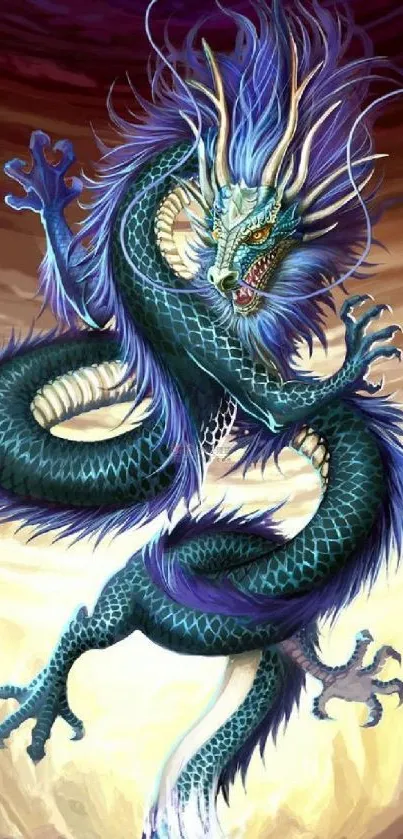 Mystical blue dragon wallpaper art with intricate details and vibrant colors.