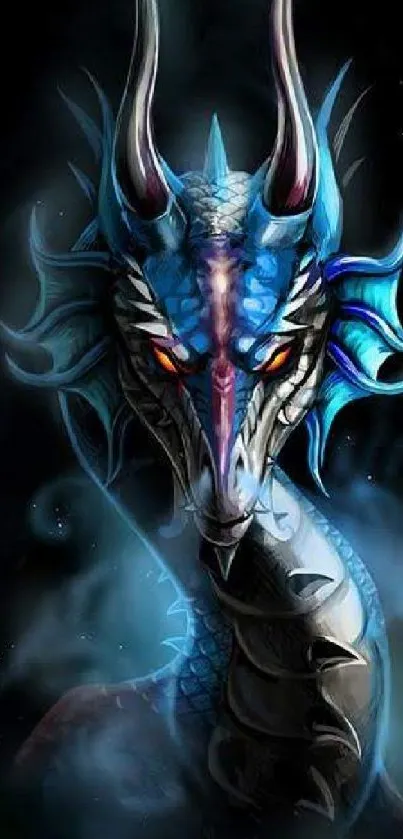 Blue dragon with glowing eyes in fantasy art wallpaper.