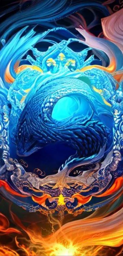 Mystical blue dragon art with fiery accents in vibrant colors.