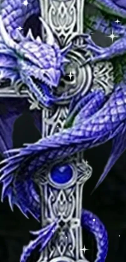 A mystical blue dragon wrapped around a decorated cross with a dark background.