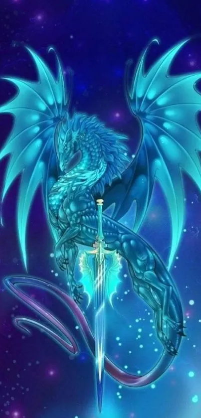 Mystical blue dragon with glowing wings and sword on a fantasy-themed mobile wallpaper.